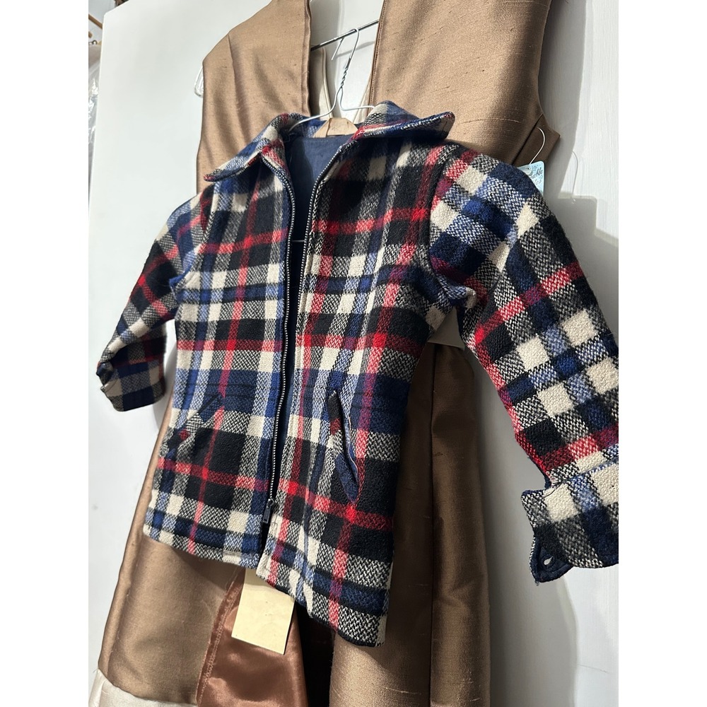 Vintage Esskay Boys Plaid Wool Jacket Blue Red Zip Front Coat Styled Like Dads